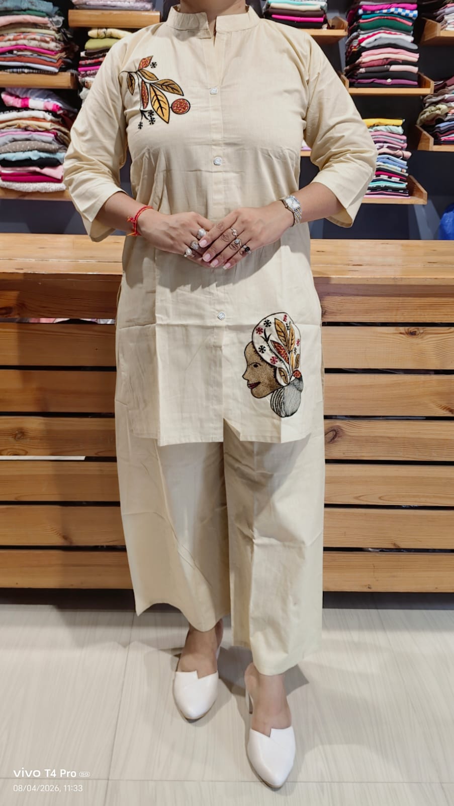 Women Cotton Collared Tunic Short Kurti & Wide-Leg Pant Set with Art Motif Embroidery