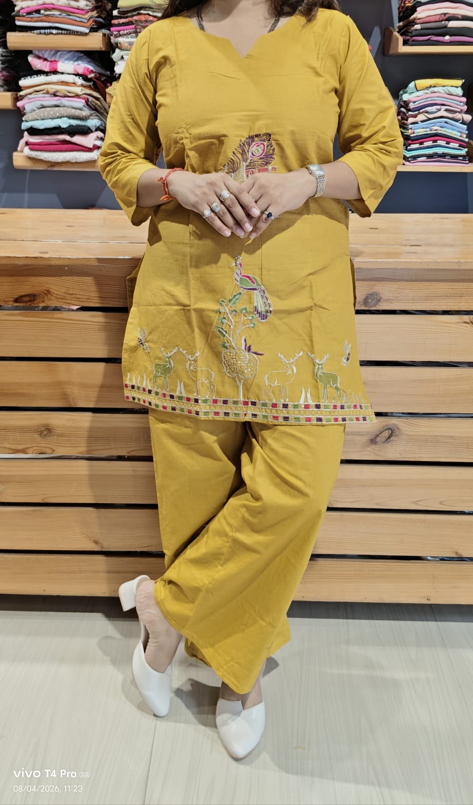 Women Cotton Short Kurti Pant Co-ord Set with Peacock & Deer Embroidery