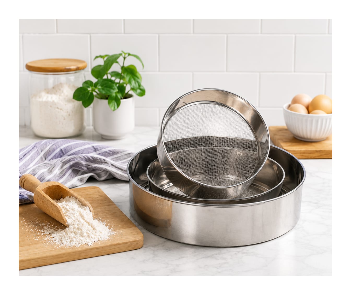 Round Stainless Steel Strainer Set 3pcs - default