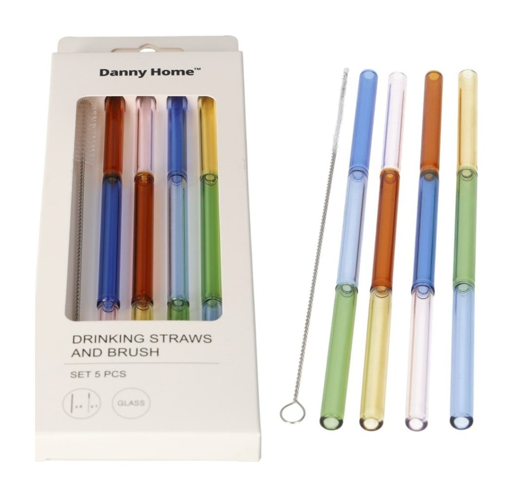 Reusable Glass Straws &amp; Cleaning Brush 5pcs - default