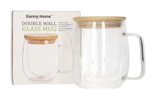 Double Walled Glass Mug with Handle & Bamboo Lid 350ml