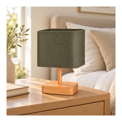Grey-Green Table Lamp with Wooden Base 24cm