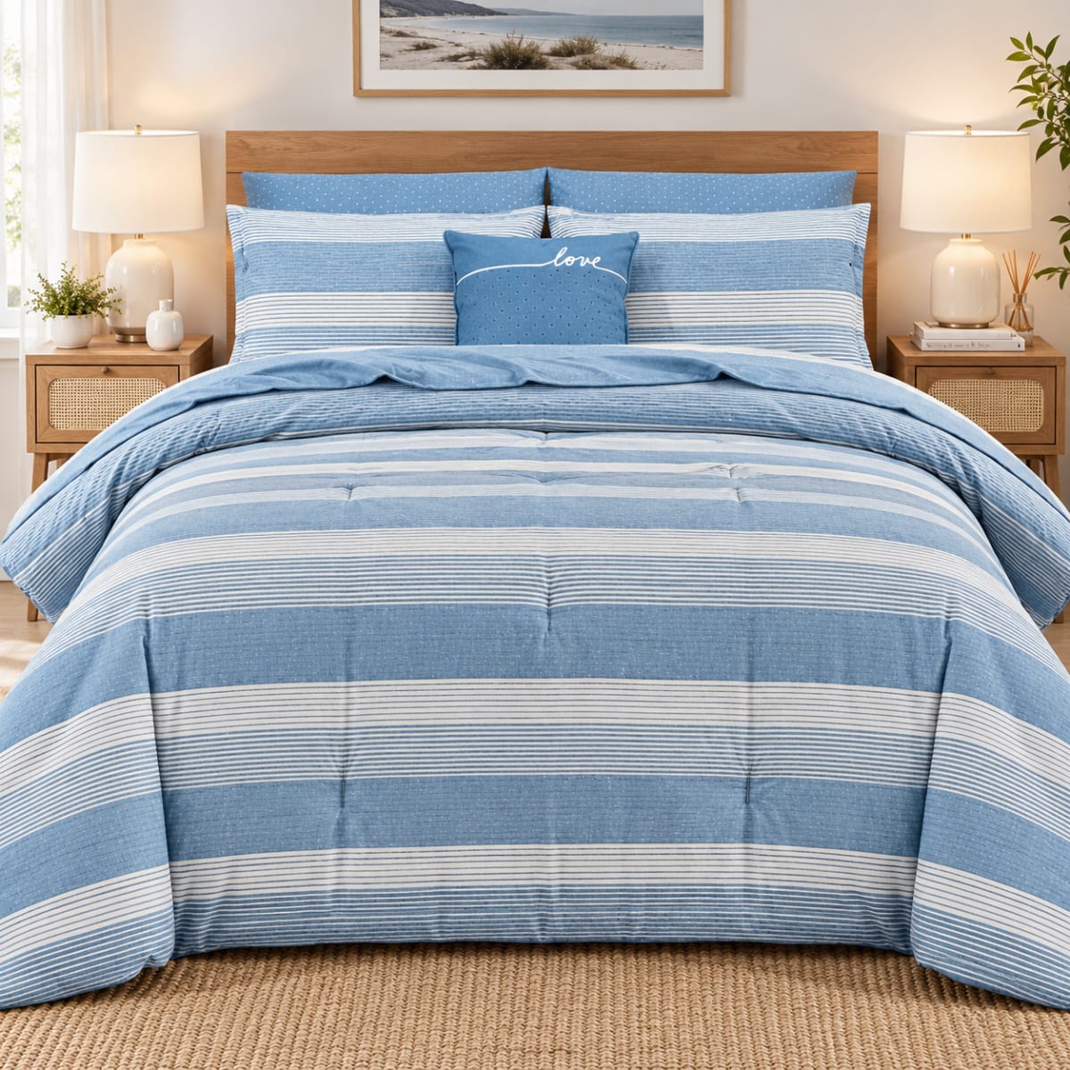 8pcs Blue &amp; White (Love) QUEEN Comforter Set - default