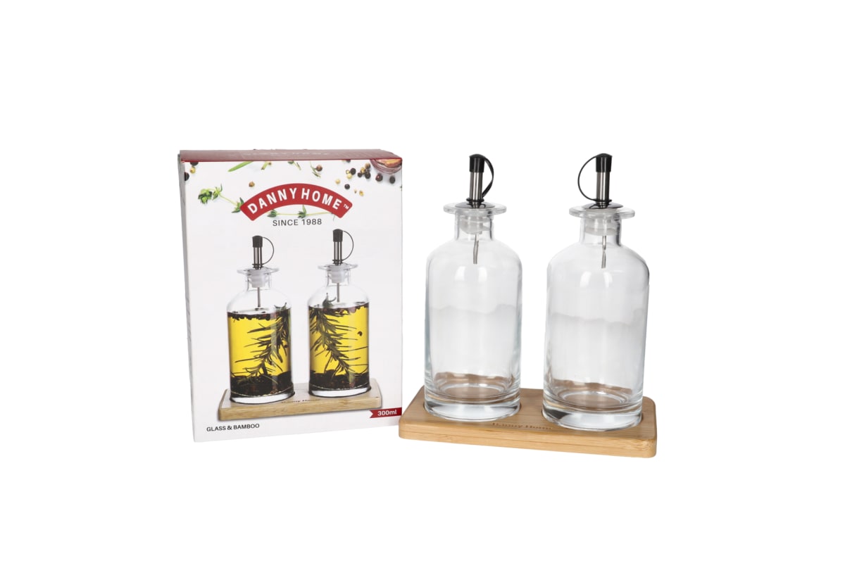Oil &amp; Vinegar Glass Bottle &amp; Stand Set 3pcs 300ml  - default