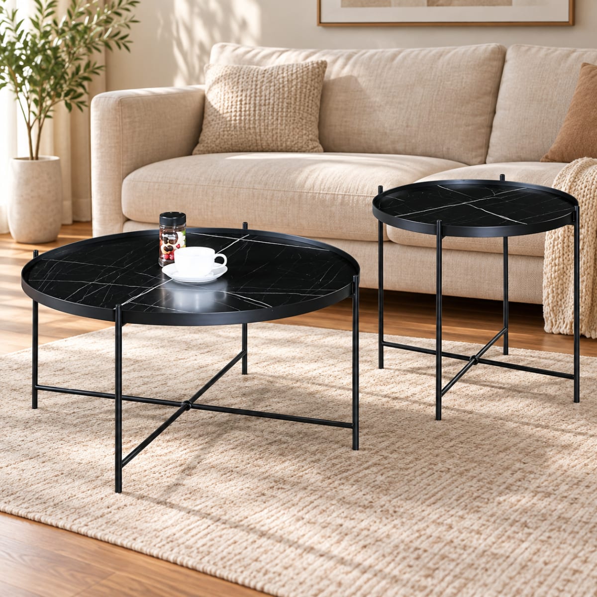 Black Marble Design Coffee Side Table Set 2pcs - default