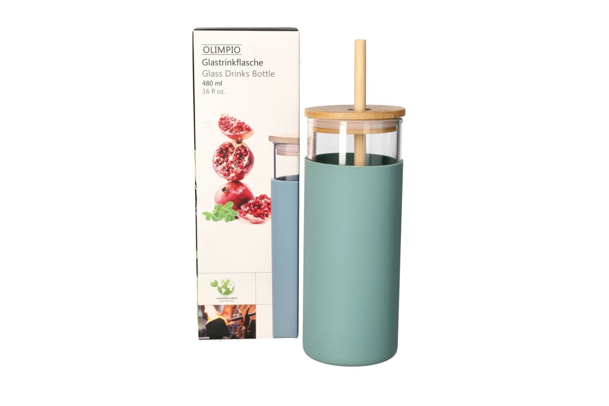 Borosilicate Bottle with Wood Lid &amp; Straw 17.7cm  - default