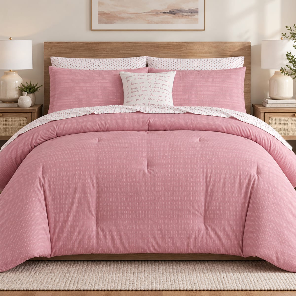 8pcs Pink &amp; White (I Love You) QUEEN Comforter Set - default