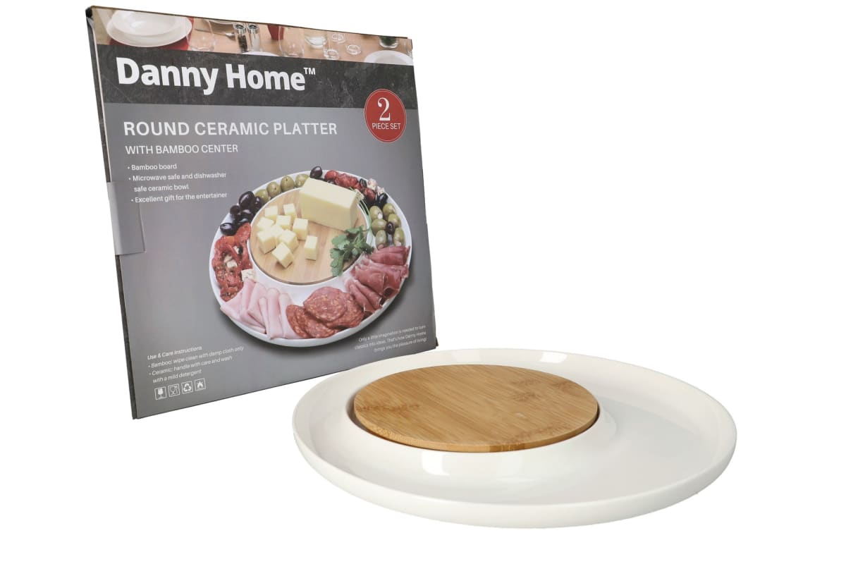 Ceramic Platter &amp; Bamboo Tray Serveware 2pcs  - default
