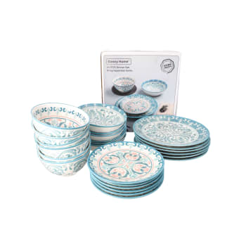 Blue Round Ceramic Floral Dinner Set 24PCS - default