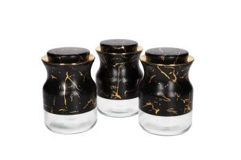 Black &amp; Gold Marble Glass &amp; Stainless Steel Canister Storage Bottle Set 3pcs 14.4cm