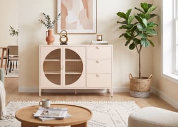 Modern Cream Sideboard Cabinet with Drawers and Glass-Style Doors 120cm