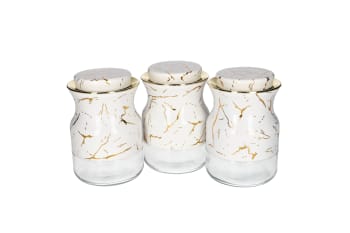 White &amp; Gold Marble Glass &amp; Stainless Steel Canister Storage Bottle Set 3pcs 14.4cm - default