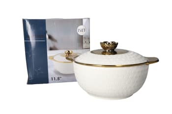 White &amp; Gold Casserole Dish With Lid 28.7cm - default