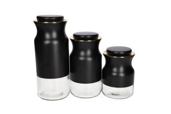 Black Glass &amp; Stainless Steel Canister Storage Bottle Set 3pcs