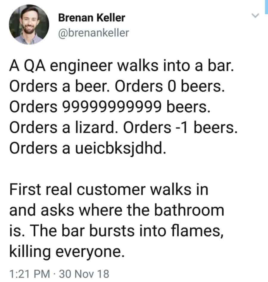 QA meme: An engineer's approach to testing in a bar setting
