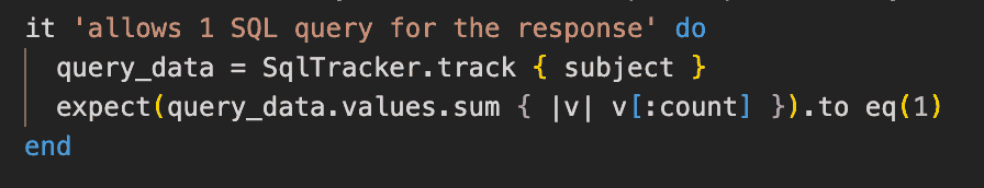 A snippet of a test script validating that a particular operation results in only one SQL query being executed