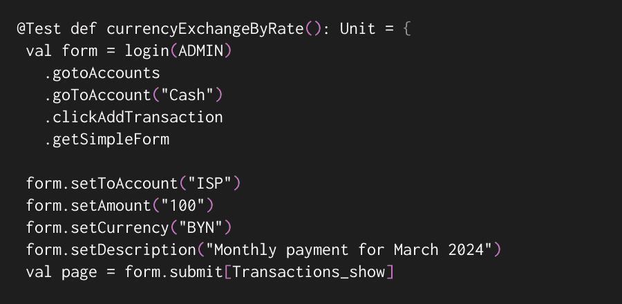 Unit test in Scala simulating a currency exchange transaction by an admin in a financial app