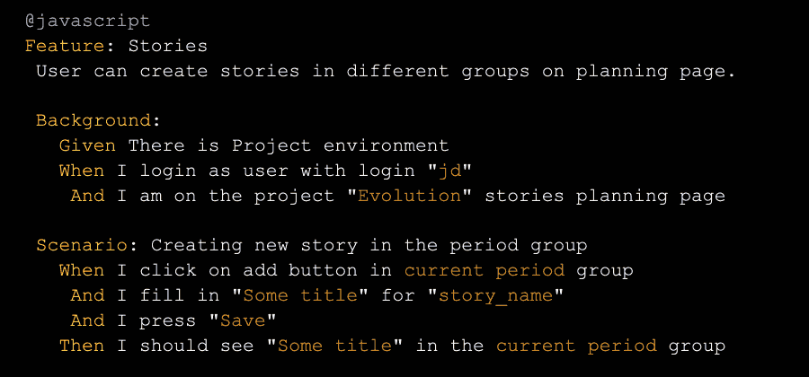 Behavior-driven development (BDD) test detailing user story creation in a project planning tool