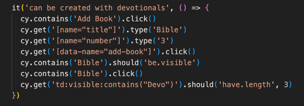 End-to-end test code using Cypress, checking the functionality of adding a book with devotionals in a web app