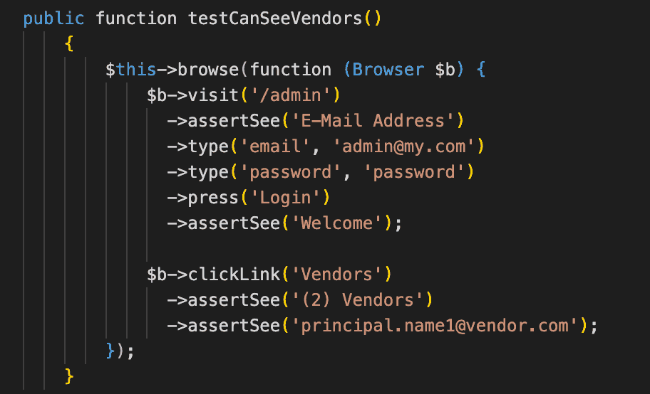 A Laravel Dusk test function verifying an admin user's ability to view vendors in a web application's admin panel