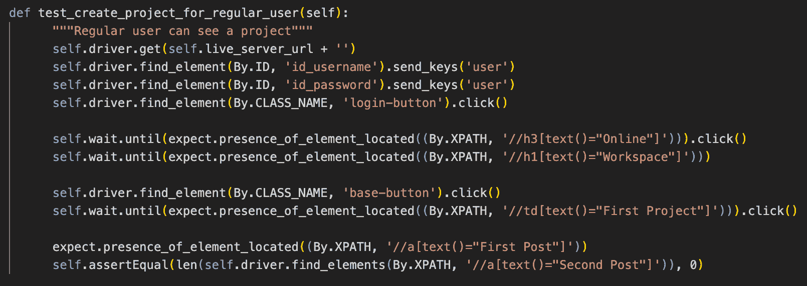 A Python Selenium test method for creating a project and validating its visibility for a regular user in a web app