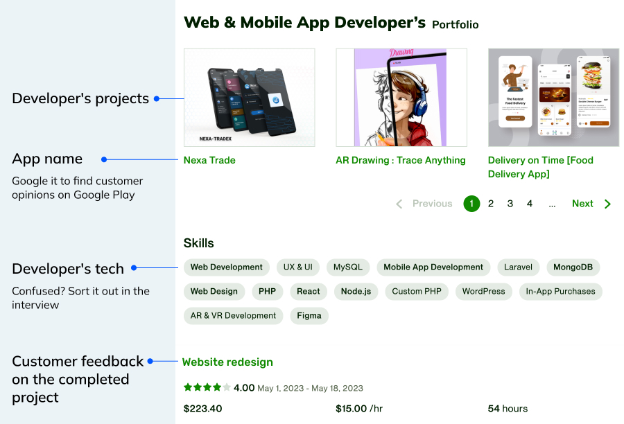 Example of web and app developer's portfolio page.