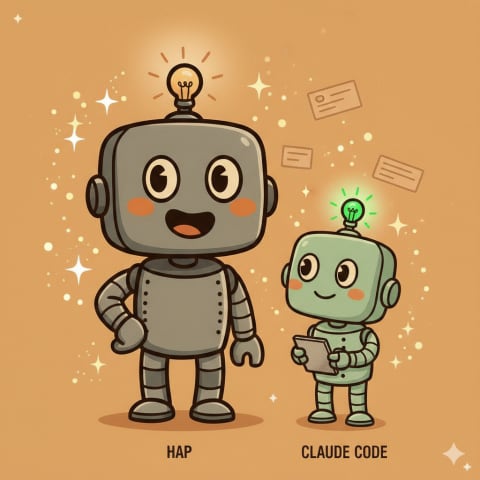 HAP robot with lightbulb head standing next to smaller sage-green Claude Code robot holding tablet, both with rosy cheeks on warm peach background