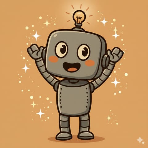 HAP robot with arms raised high, lightbulb glowing on head, surrounded by sparkles