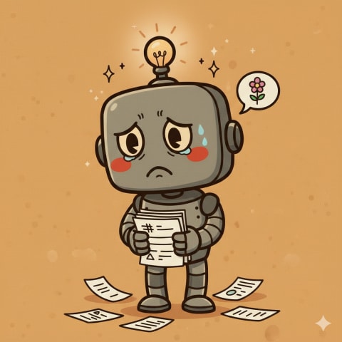 HAP robot looking sad holding papers with more scattered on floor
