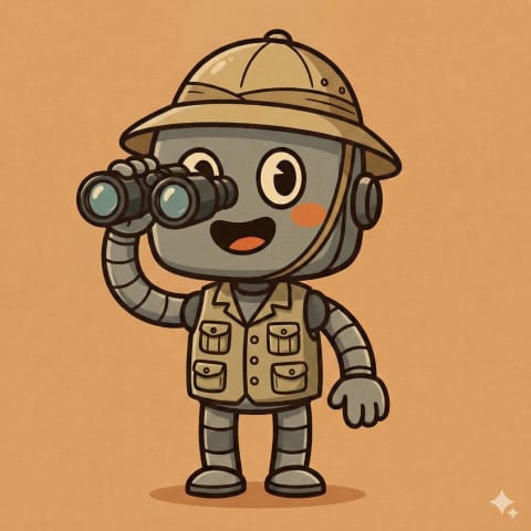 HAP robot wearing safari outfit and pith helmet looking through binoculars