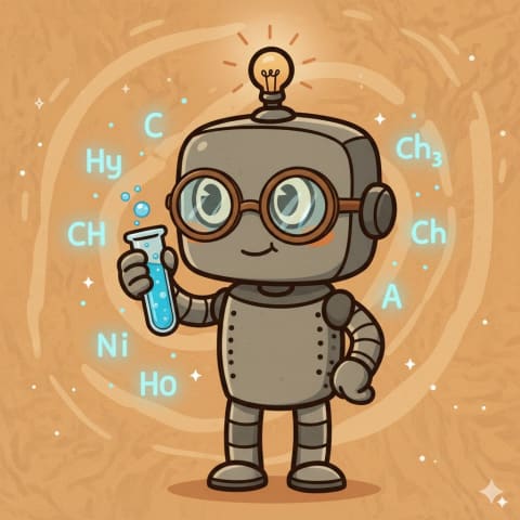 HAP robot wearing glasses holding bubbling test tube with chemistry symbols