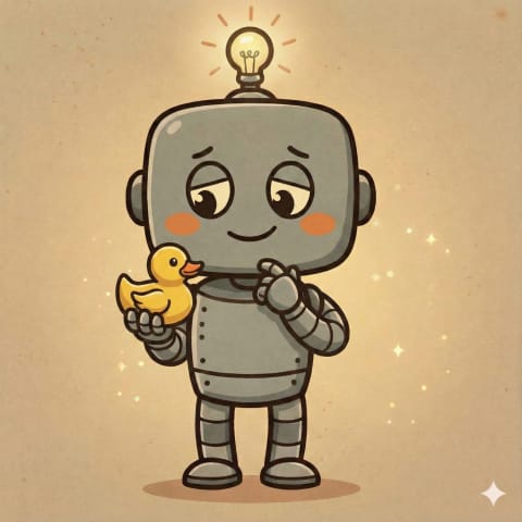 HAP robot thinking pensively while holding rubber duck, finger on chin