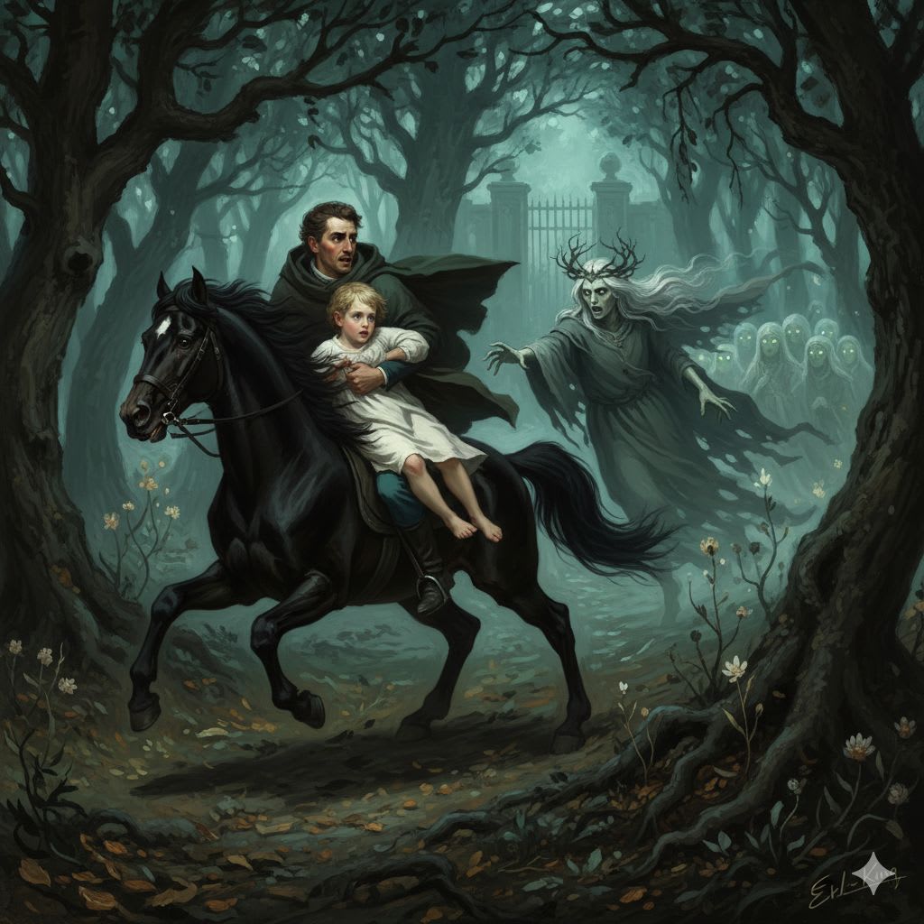 Gothic scene of father and child on horseback with spectral Erl-King in misty forest