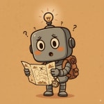 HAP with a backpack looking confused while reading a treasure map