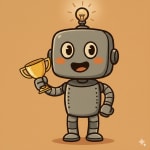 HAP robot holding a golden trophy cup with a proud happy expression