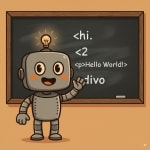 HAP teaching at a chalkboard with HTML code on it