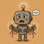 HAP surrounded by broken code with an embarrassed expression