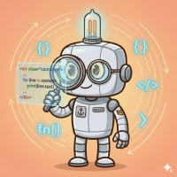 Grace Hopper robot examining code through magnifying glass