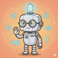 Grace Hopper robot with raised palm stop gesture surrounded by code symbols