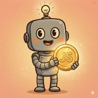HAP proudly holding a large glowing JavaScript logo coin