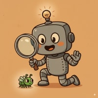 HAP robot debugging code with magnifying glass