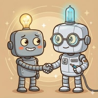 HAP shaking hands with Grace Hopper, two friendly robots meeting and beginning to work together