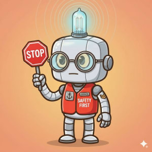 Grace Hopper robot in red safety vest holding stop sign like a crossing guard