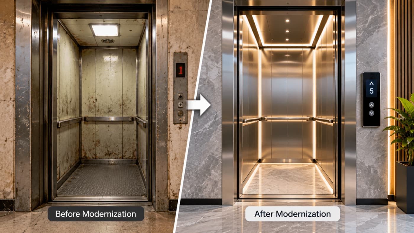 Before and after elevator modernization showing an outdated elevator upgraded to a modern stainless steel cabin.