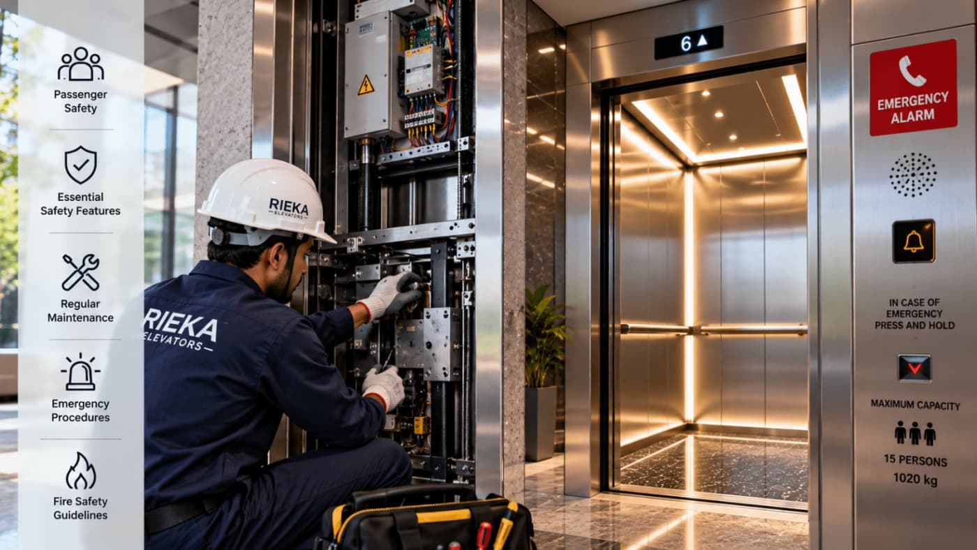Elevator safety inspection by a qualified technician checking lift door mechanisms and safety systems.