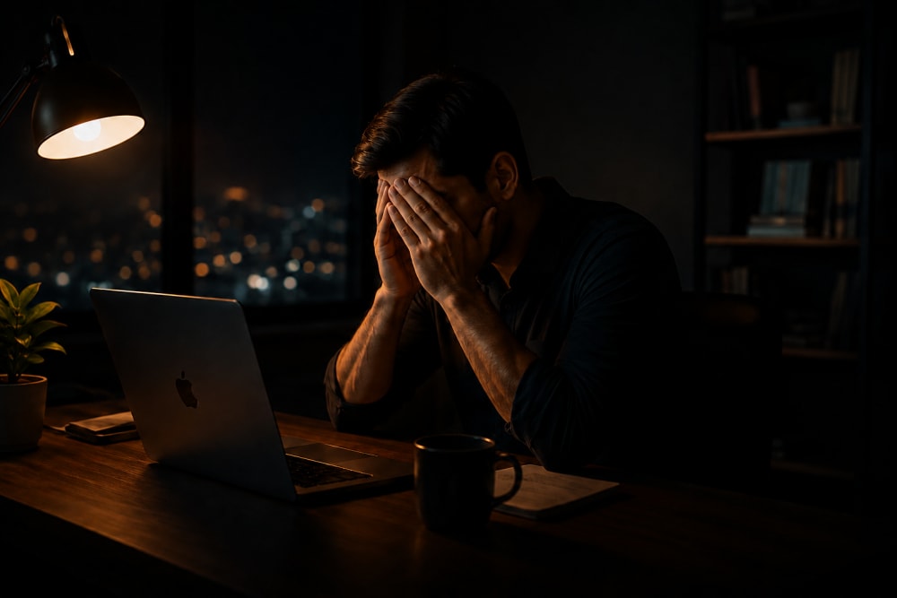 Frustrated founder working from home