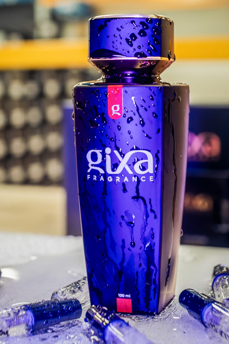 Perfume product photo from a low angle