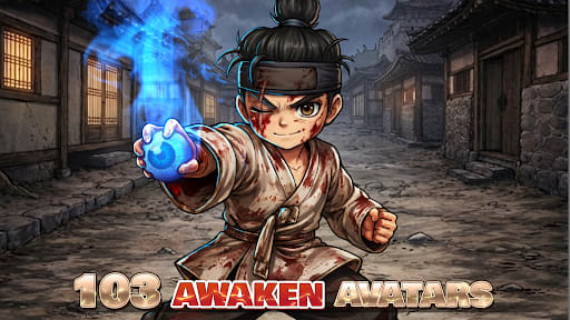 Head Soccer 7.1.8 artwork – a bandaged martial-arts avatar holding a glowing blue power shot in a rainy old-town street, with the 103 Awaken Avatars banner