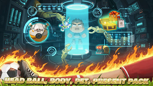 Customisation screen with a head ball, body, pet and present pack around a holographic avatar in Head Soccer