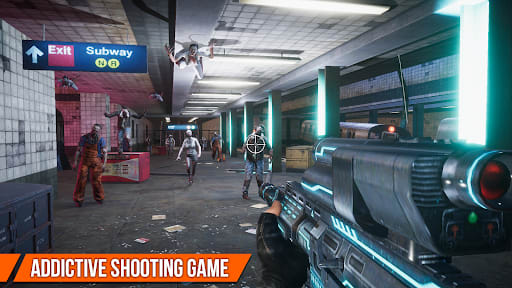 Visão em primeira pessoa mirando um rifle futurista em zumbis numa estação de metrô iluminada por neon no DEAD TARGET 4.185.0